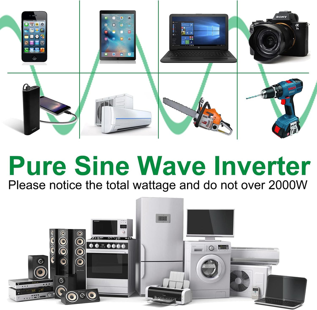 2000W Pure Sine Wave Power Inverter 12V DC to AC 110V 120V Surge 4000 Watt with LED Display Q69388