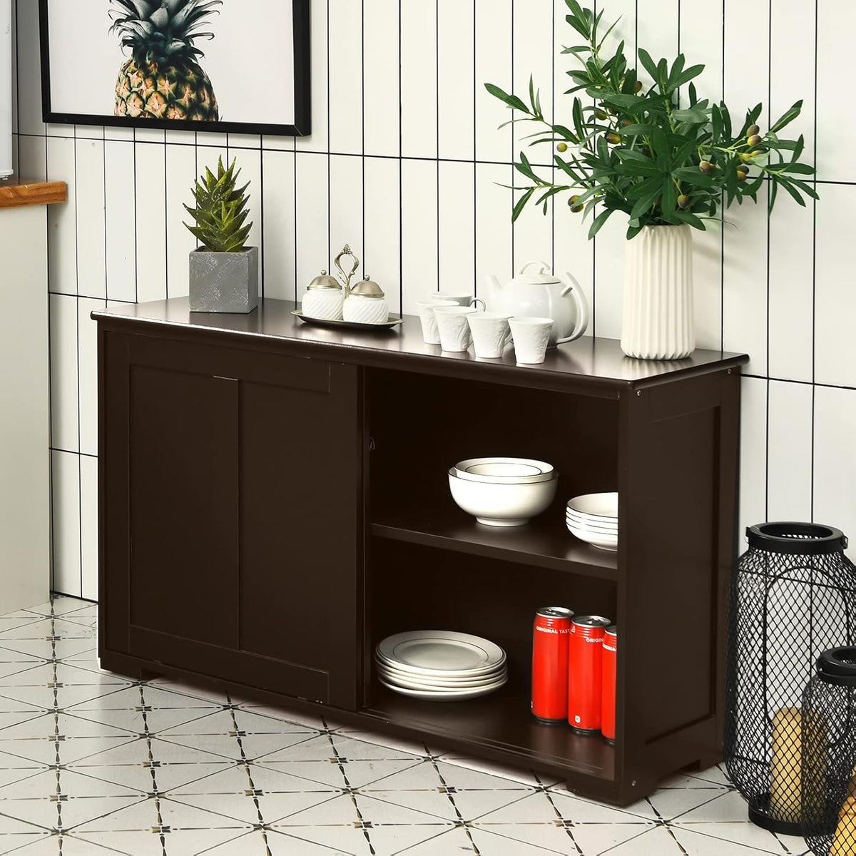 Brown Double-Layer Sliding Slat Door Storage Cabinet Q649