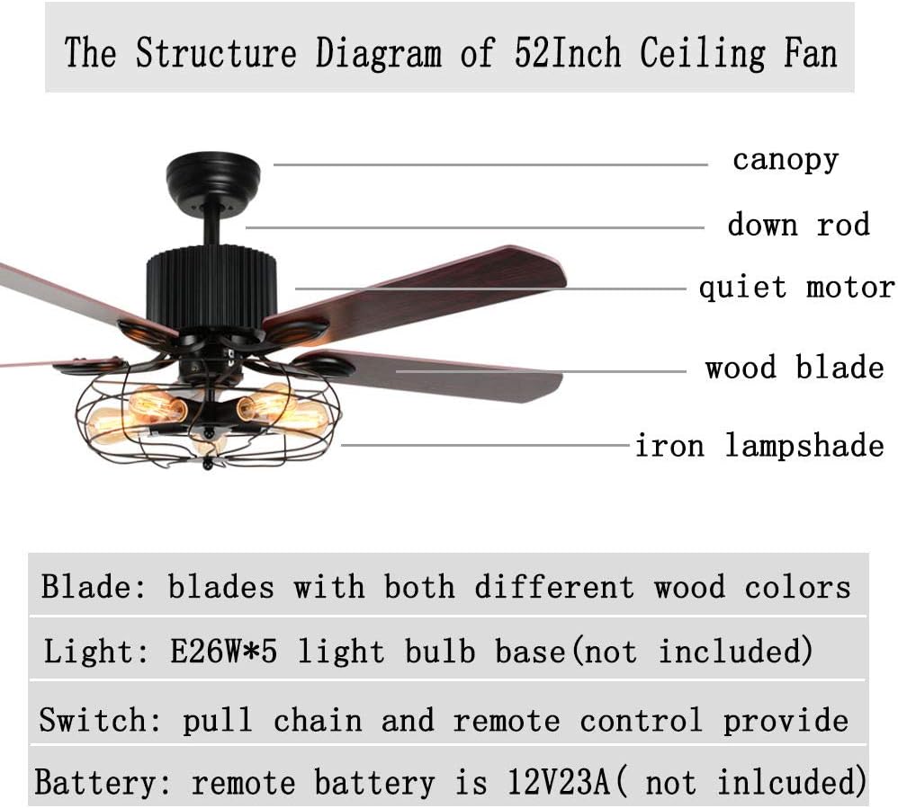 Retro Industrial Ceiling Fan Light with Iron Cage Cover Pull Chain Remote and 5 Reversible Wood Leaves 52Inch I152