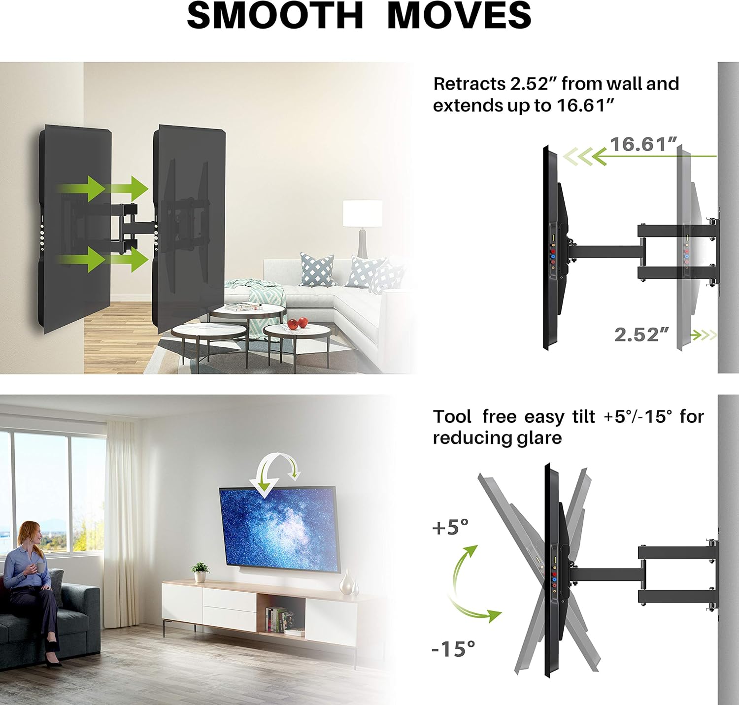 Full Motion TV Wall Mount for 37-75 inch TV, Up to 132lbs, Dual Articulating Arms, Max VESA 600x400mm, Pack of 2 X864