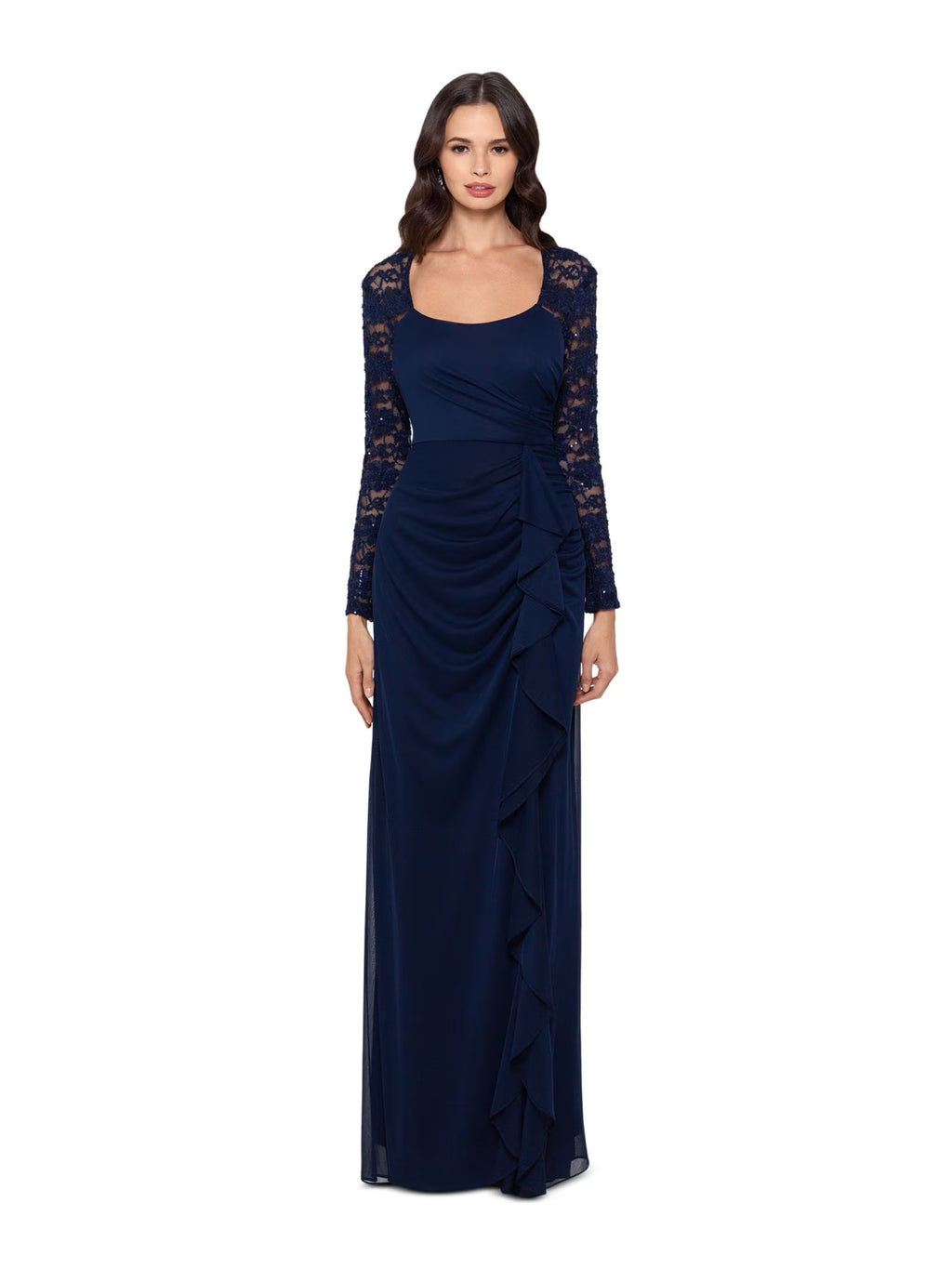 Navy Lace Sequined Long Sleeve Scoop Neck Full-Length Body Con Dress J799504
