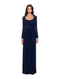 Navy Lace Sequined Long Sleeve Scoop Neck Full-Length Body Con Dress J799504