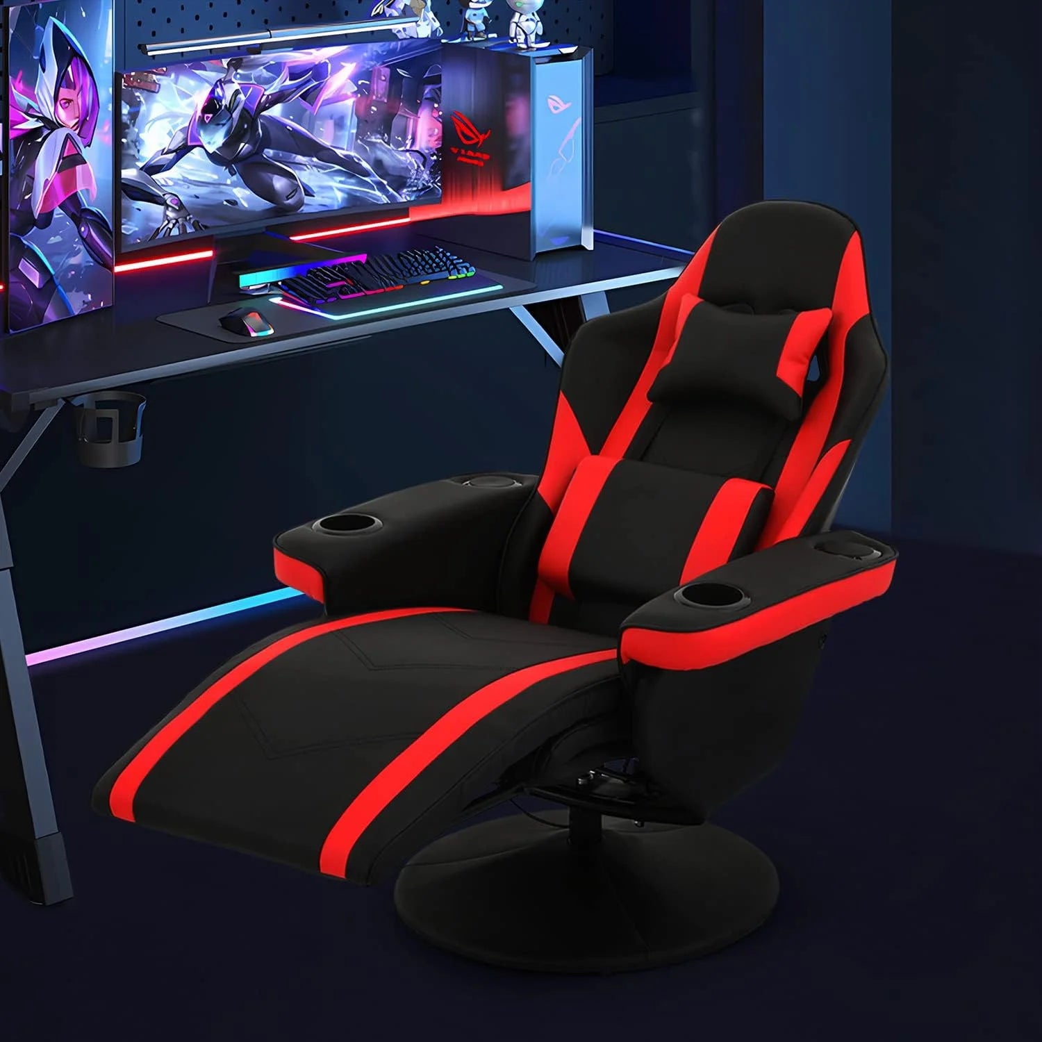 Red PU Leather 360° Swivel Massage Game Chair with Headrest and Footrest Y869082