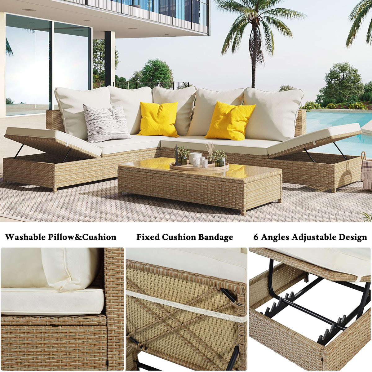 6 Seat PE Rattan Sectional Sofa Set with Adjustable Chaise N618