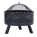 Black Red Round Steel Wood Burning Fire Pit with Spark Screen I783