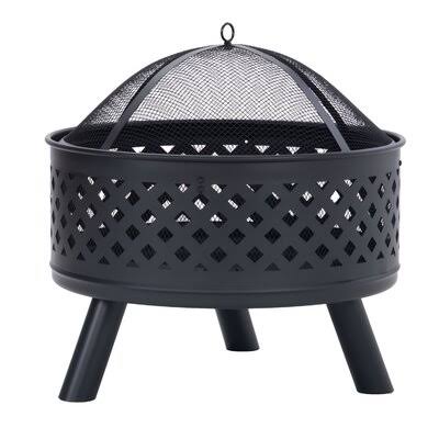 Black Red Round Steel Wood Burning Fire Pit with Spark Screen I783