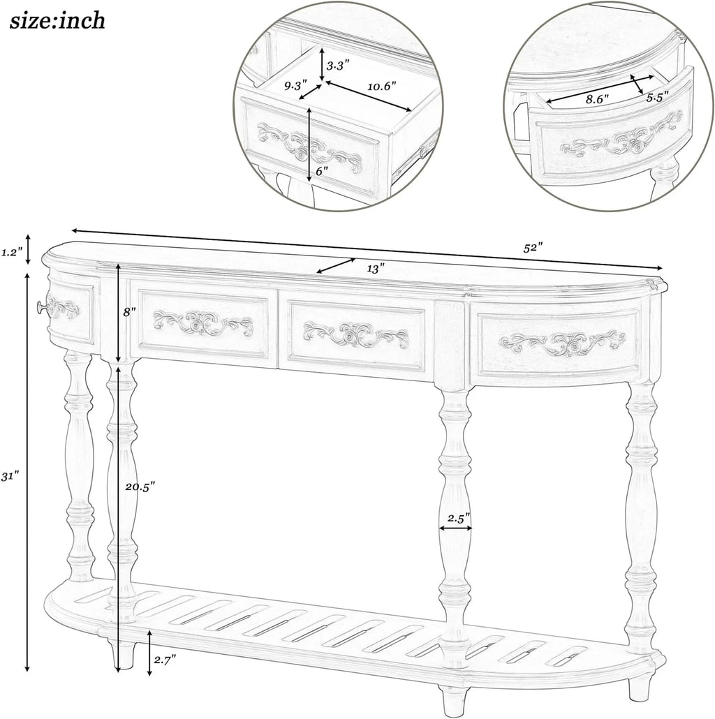 Antique Blue Wood Curved Console Table with Drawers & Shelf V689