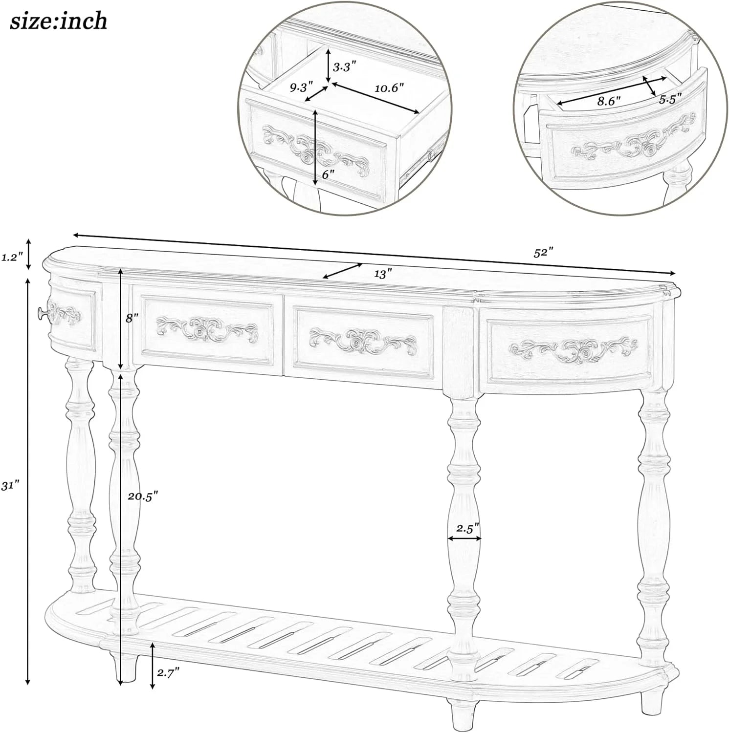 Antique Blue Wood Curved Console Table with Drawers & Shelf V689
