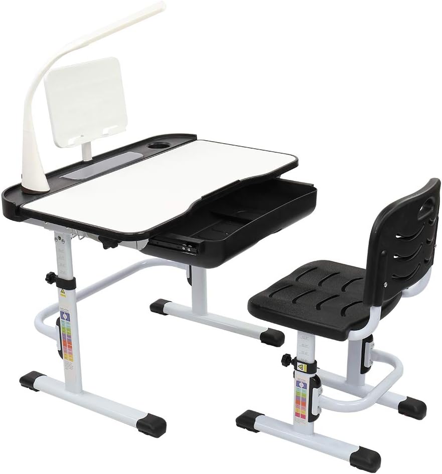 80CM Hand-cranked Lifting Top Can Tilt Children Learning Table and Chair Black with Reading Stand Desk Lamp E33418