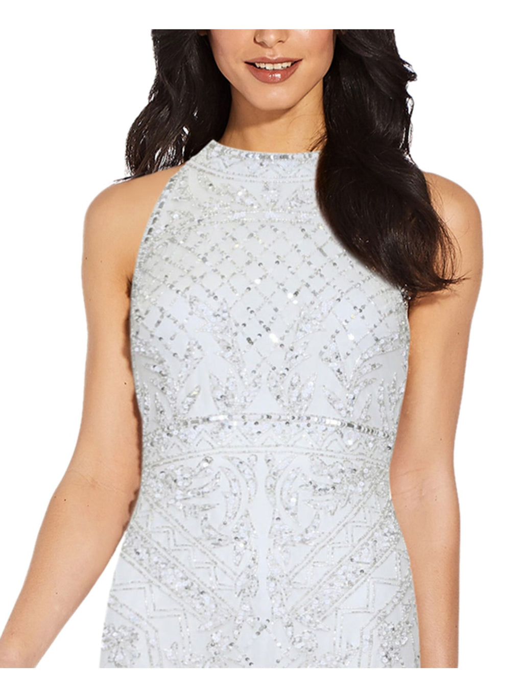 White Beaded Sequined Sleeveless Halter Sheath Dress R4831