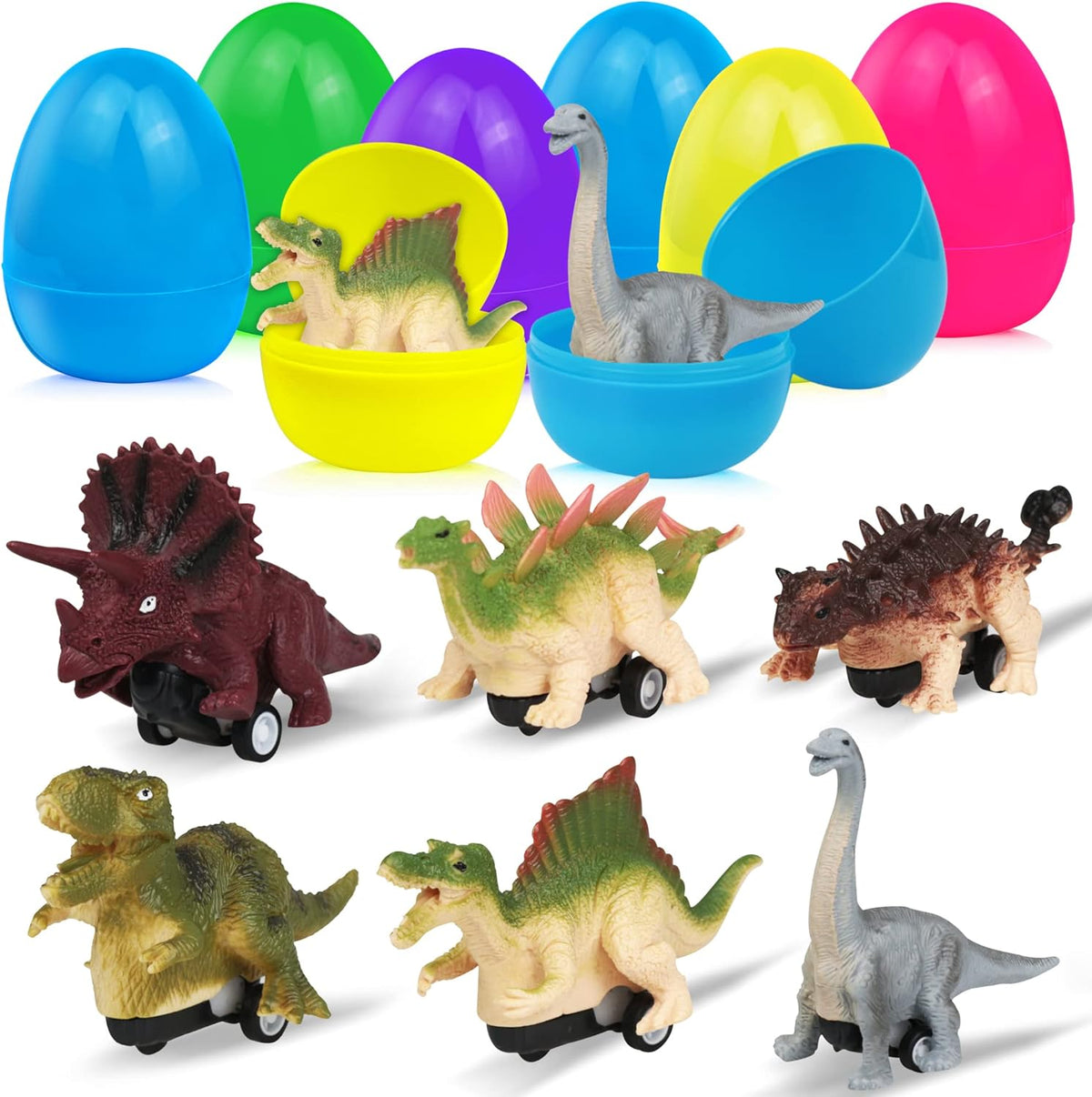 6 Pack Jumbo Prefilled Easter Eggs with Dinosaur Pull Back Cars Toys W32587