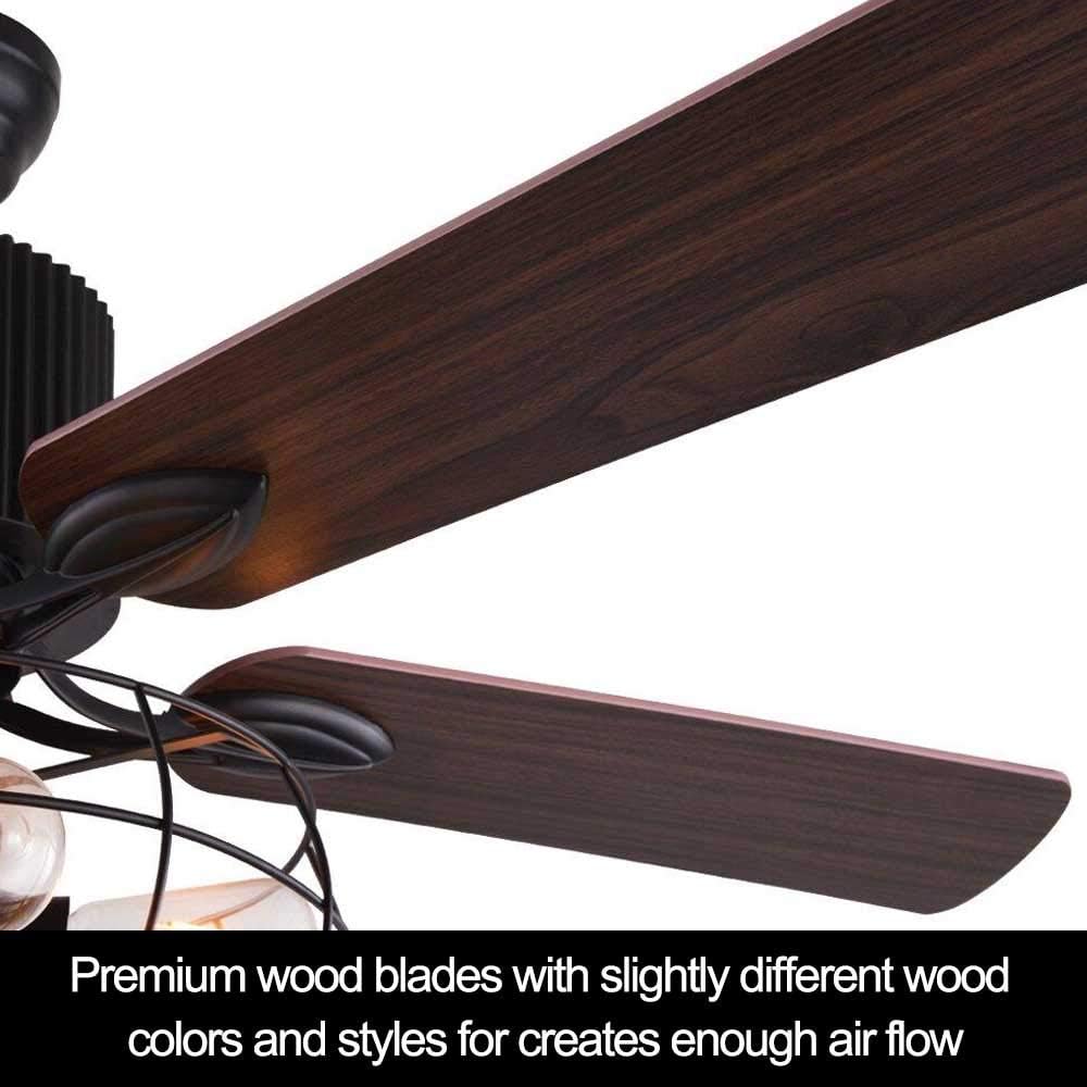 Retro Industrial Ceiling Fan Light with Iron Cage Cover Pull Chain Remote and 5 Reversible Wood Leaves 52Inch I152