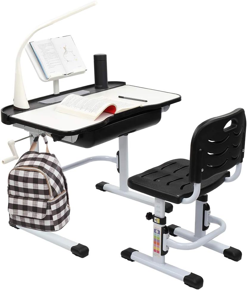 80CM Hand-cranked Lifting Top Can Tilt Children Learning Table and Chair Black with Reading Stand Desk Lamp E33418