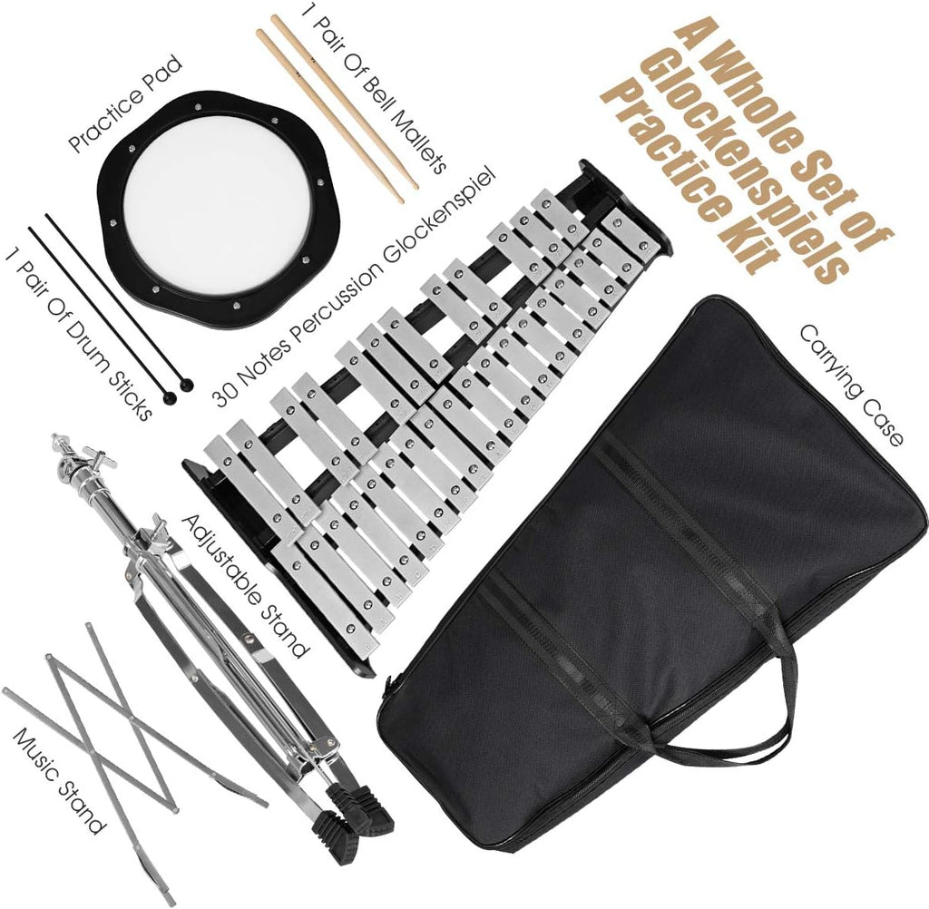Glockenspiel Bell Kit 30 Notes with Frame, Music Stand, Practice Pad, Bell Mallets, Wooden Drumsticks, Carrying Bag H976468