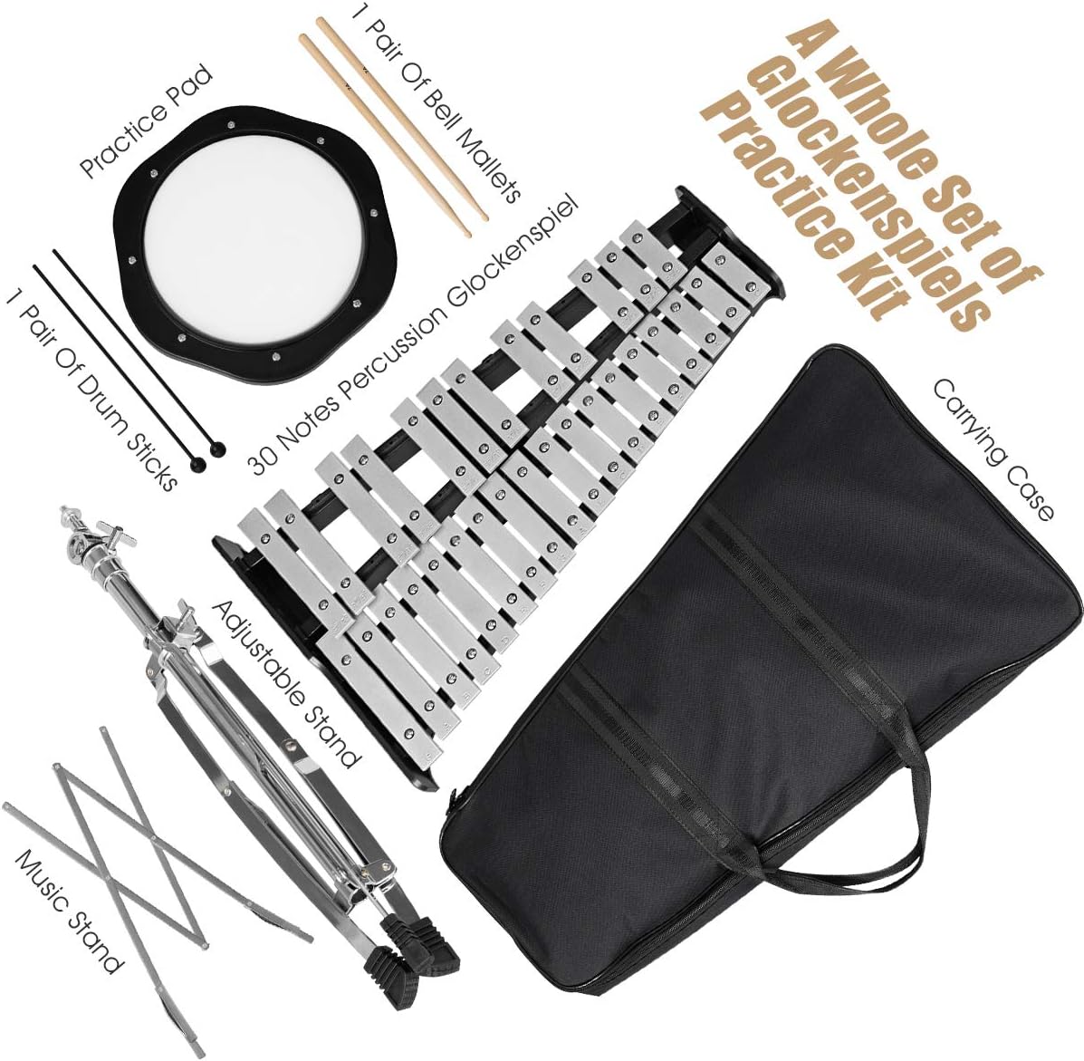 Glockenspiel Bell Kit 30 Notes with Frame, Music Stand, Practice Pad, Bell Mallets, Wooden Drumsticks, Carrying Bag H976468