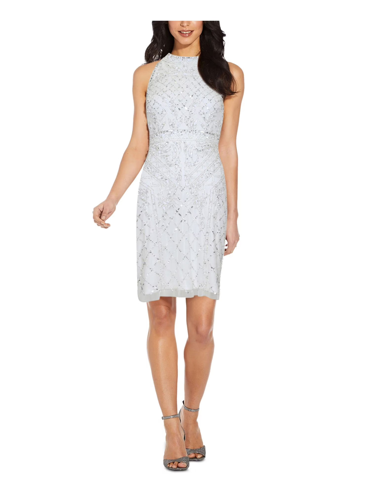 White Beaded Sequined Sleeveless Halter Sheath Dress R4831