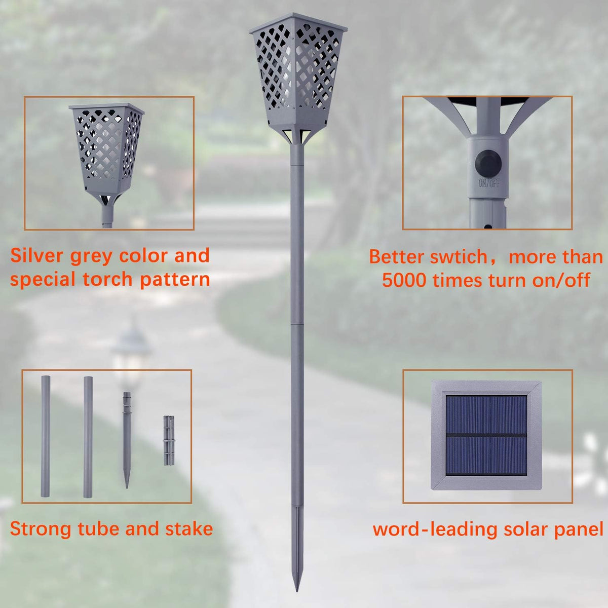 Grey Solar Torch Lights with Flickering Flame, 96 LED Waterproof G311