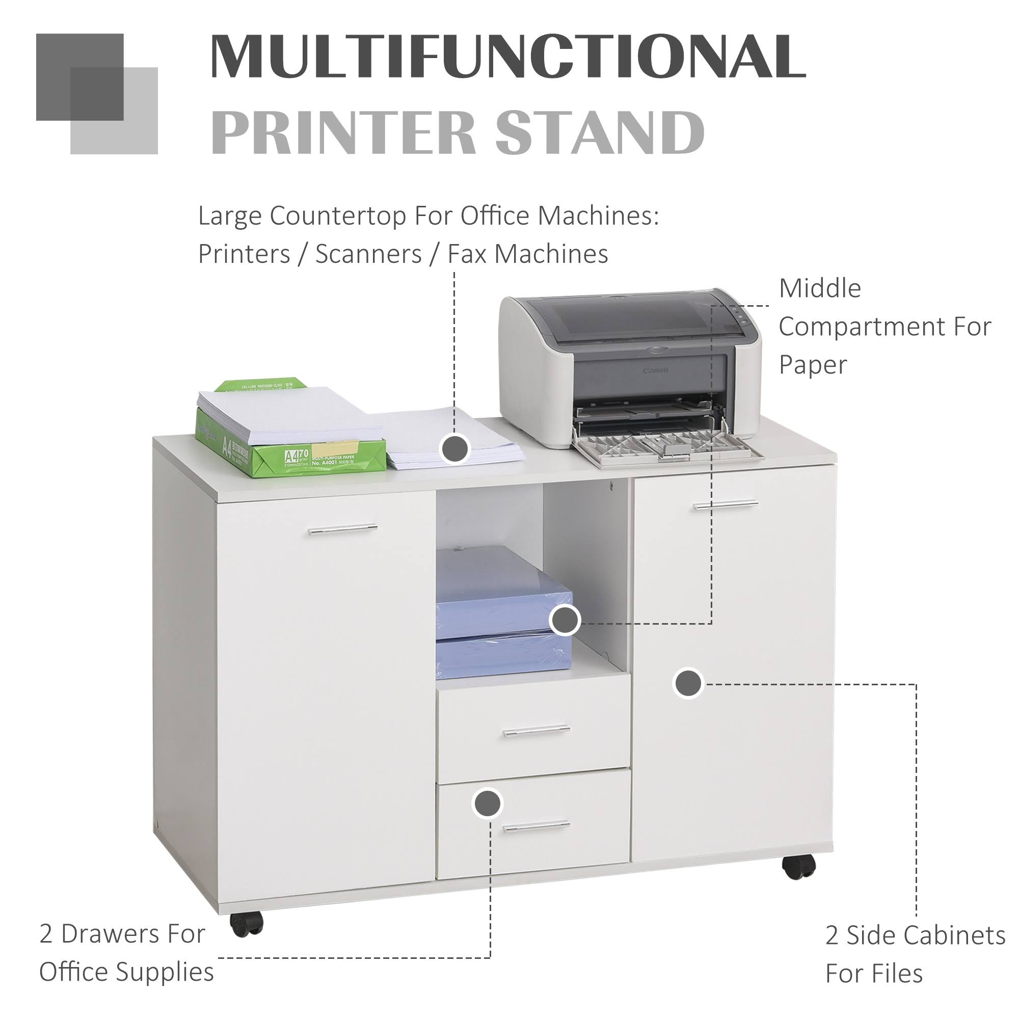 White 2 Drawer Office Filing Cabinet Printer Stand B9288