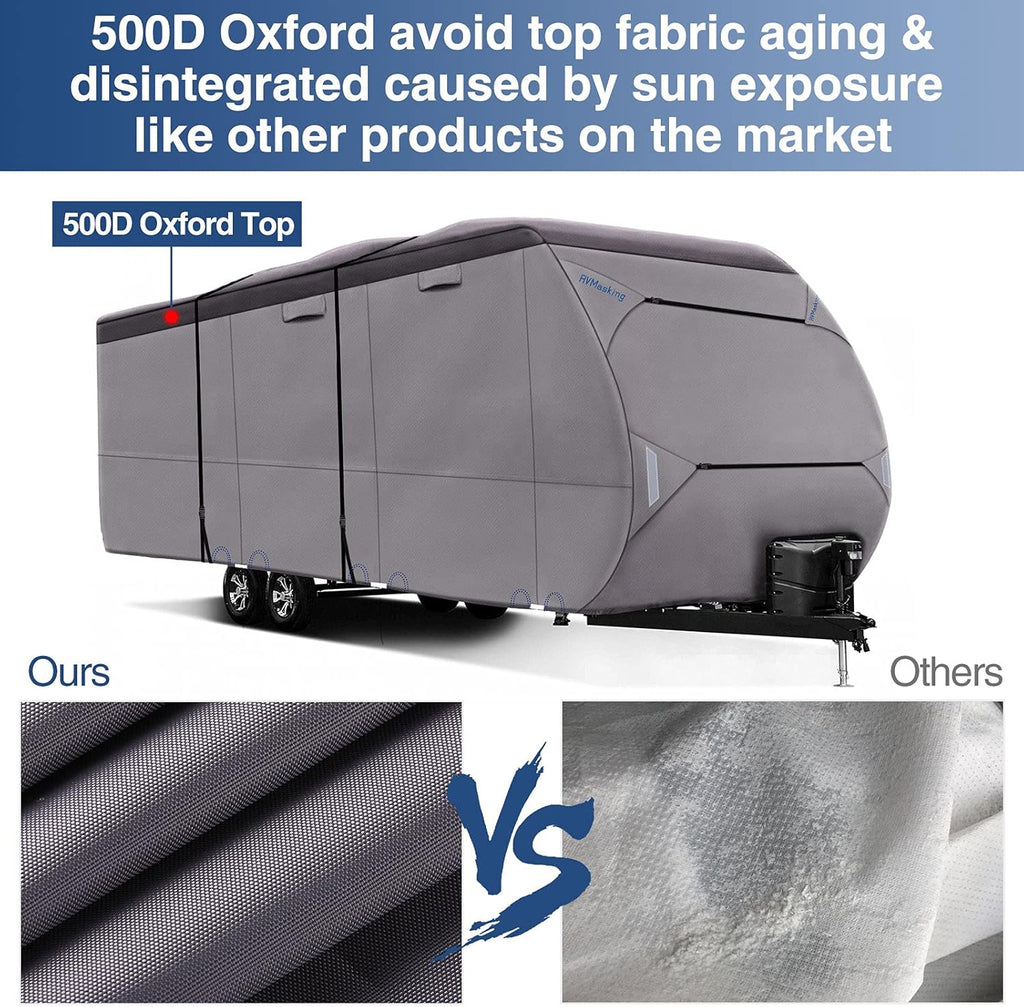 Upgraded Waterproof 500D Travel Trailer Cover with 4 Tire Covers, Tongue Jack Cover B179917