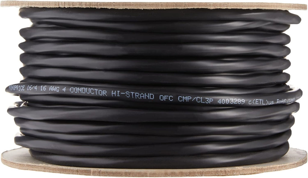 16 Gauge AWG 4 Conductor CMP-Rated Speaker Wire 100ft Black T834