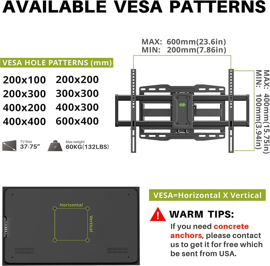 Full Motion TV Wall Mount for 37-75 inch TV, Up to 132lbs, Dual Articulating Arms, Max VESA 600x400mm, Pack of 2 X864