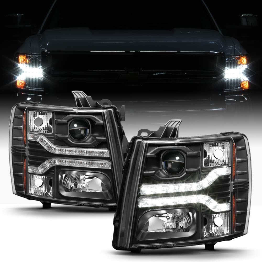 Black 2007-2013 Chevy Silverado 1500 2500 3500 LED DRL Strip Projector Headlights Driver+Passenger Side R3748