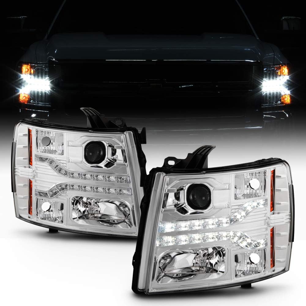 Black 2007-2013 Chevy Silverado 1500 2500 3500 LED DRL Strip Projector Headlights Driver+Passenger Side R3748