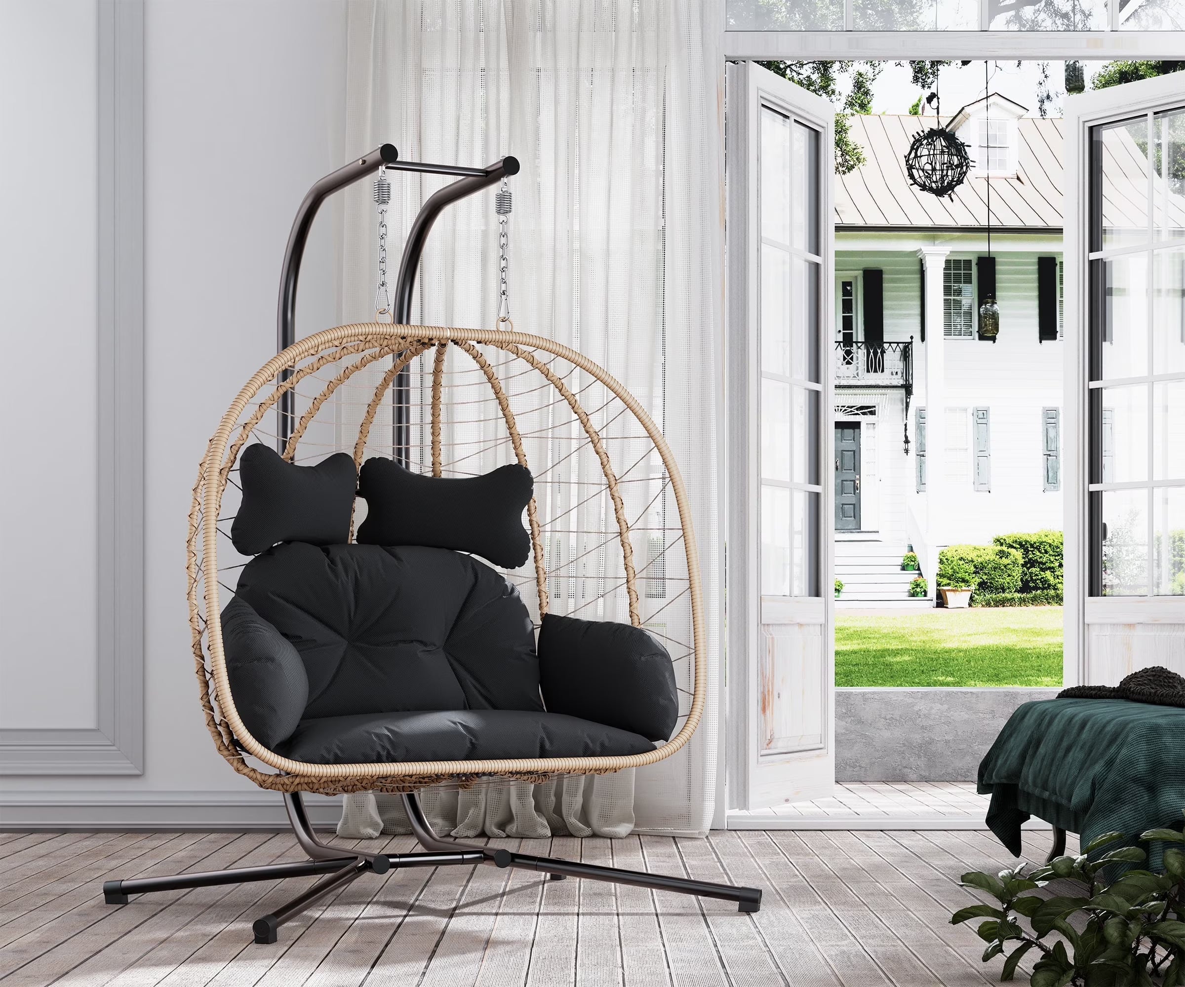Yellow and Black Wicker Swing Egg Chair with Stand and Removable Cushions X2577