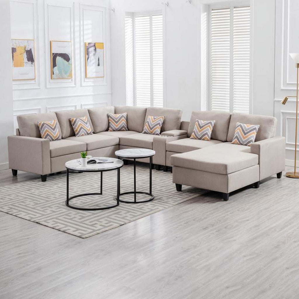 Beige Fabric Reversible Sectional with Charging Port and Storage Console H67833