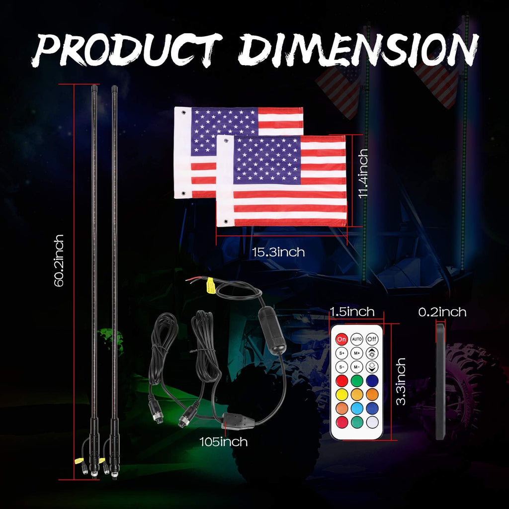 2PCS 5FT LED Whip Lights with RF Remote for ATV UTV G833