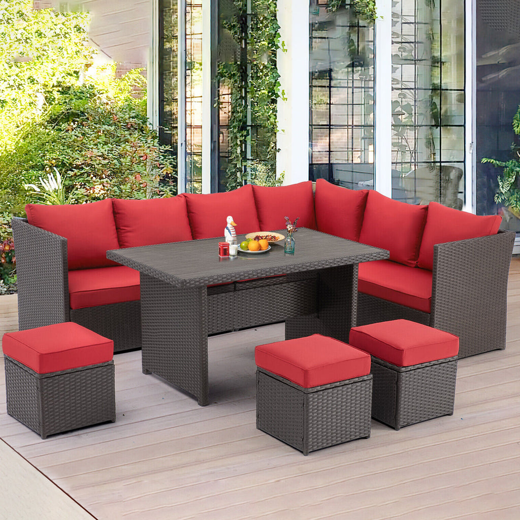Red Rattan Wicker Patio Dining Table Set B576683