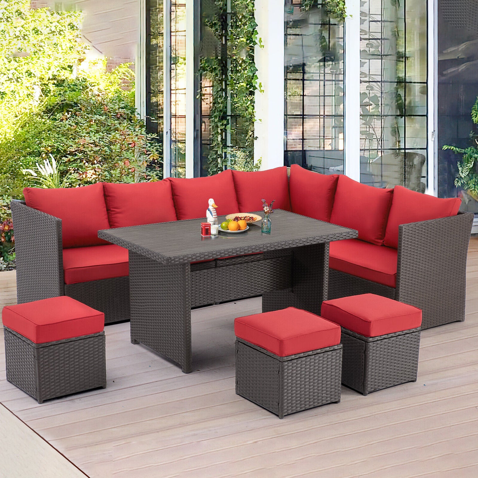 Red Rattan Wicker Patio Dining Table Set B576683