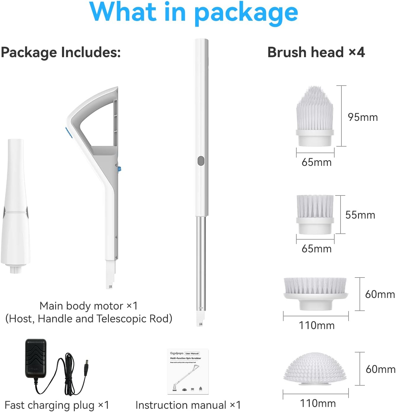 Electric Spin Scrubber with 4 Replaceable Cleaning Brush Head, Adjustable Extension Handle, Pack of 2 W746
