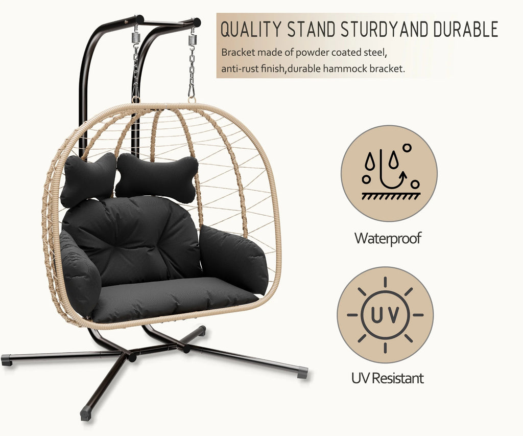 Yellow and Black Wicker Swing Egg Chair with Stand and Removable Cushions X2577