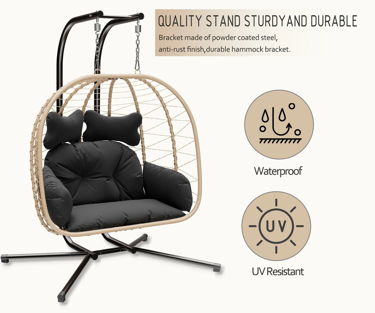 Yellow and Black Wicker Swing Egg Chair with Stand and Removable Cushions X2577