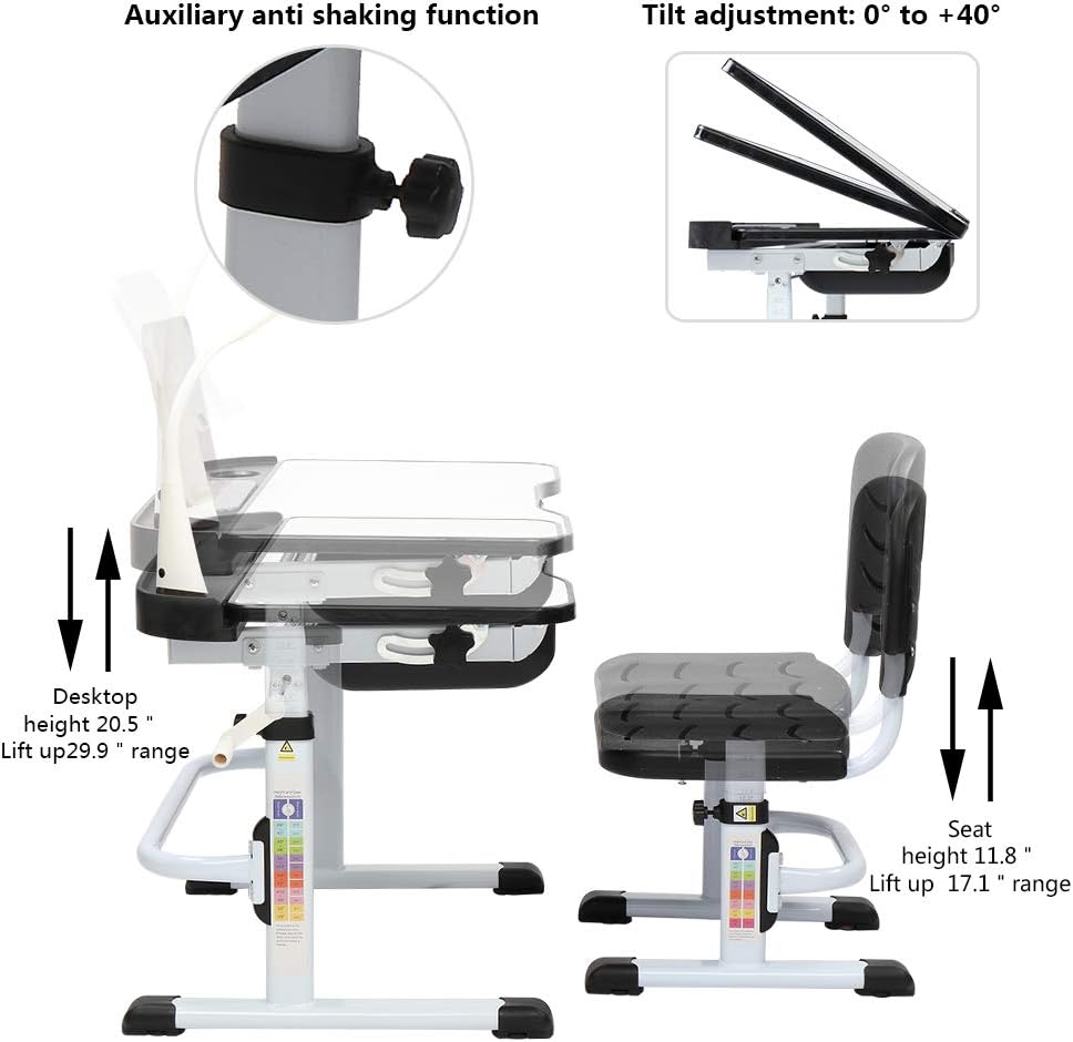 80CM Hand-cranked Lifting Top Can Tilt Children Learning Table and Chair Black with Reading Stand Desk Lamp E33418