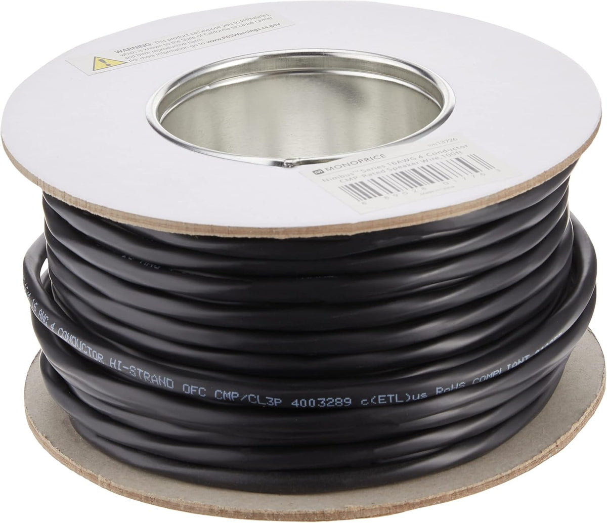 16 Gauge AWG 4 Conductor CMP-Rated Speaker Wire 100ft Black T834