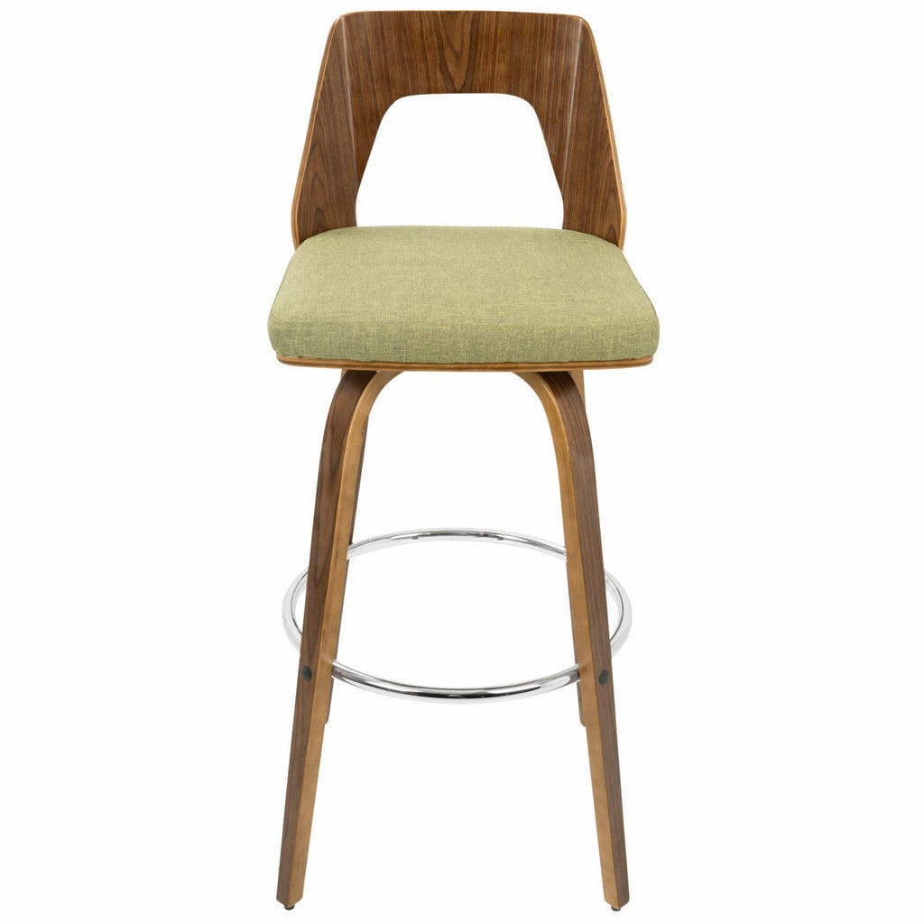 30" Mid-Century Modern Fixed Height Barstool With Swivel In Walnut And Green Fabric - Set Of 2 K6449