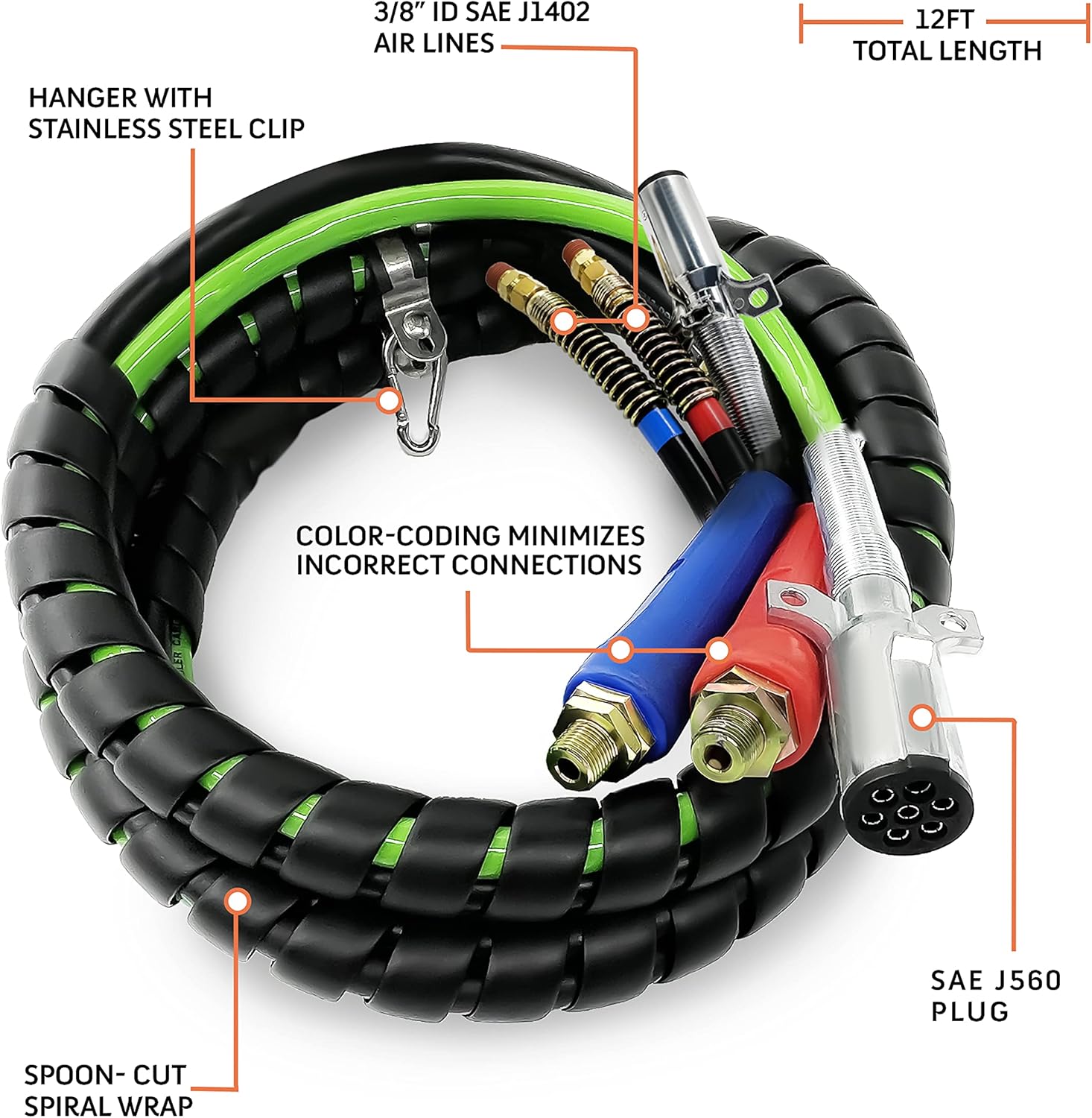 12ft 3 in 1 ABS & Power Air Line Hose Wrap 7 Way Electrical Cable with Handle Grip F8514