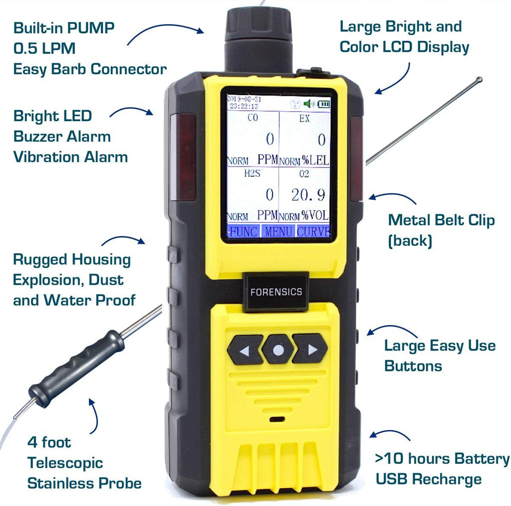4 Gas Monitor with Built-in Pump, O2 CO H2S LEL, Color Display, Data Logging C208