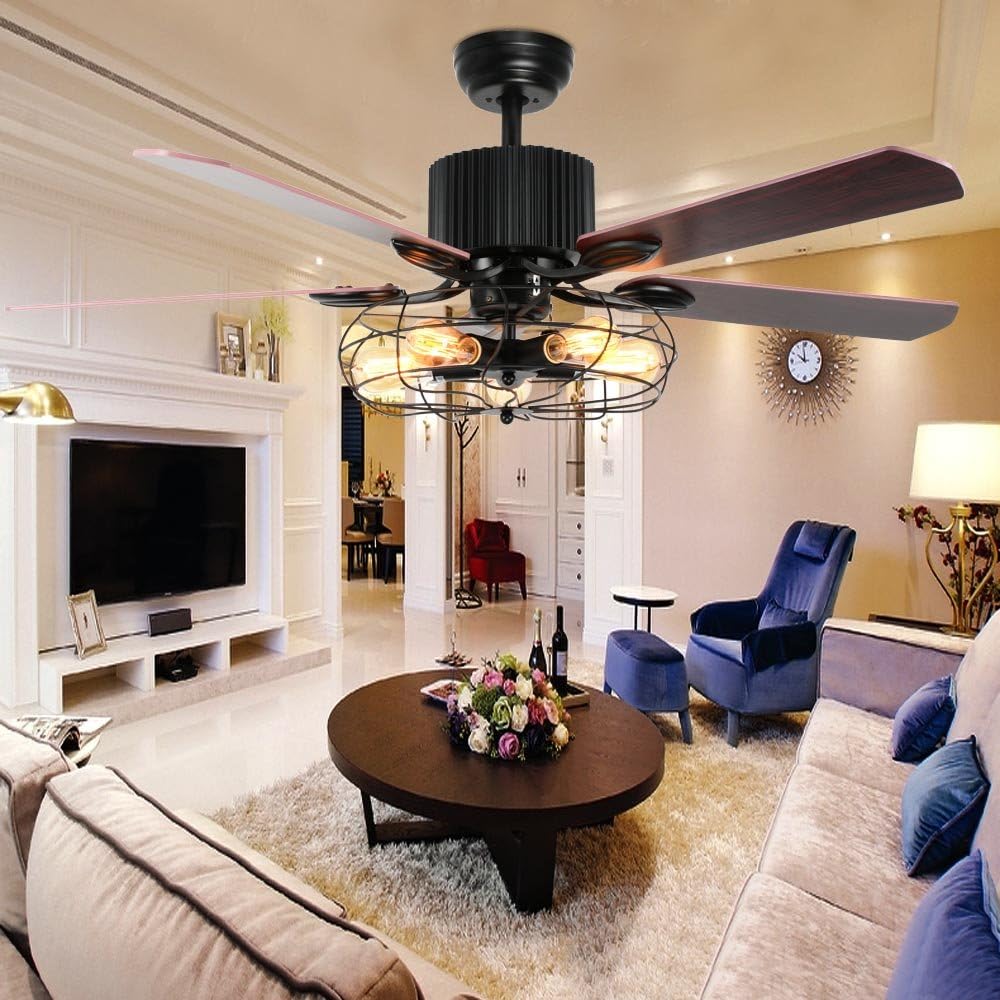 Retro Industrial Ceiling Fan Light with Iron Cage Cover Pull Chain Remote and 5 Reversible Wood Leaves 52Inch I152