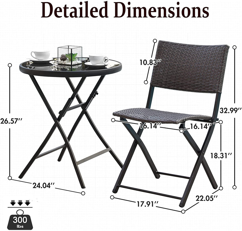 3 Pieces Wicker Patio Bistro Set with Folding Round Table and Chairs Q517