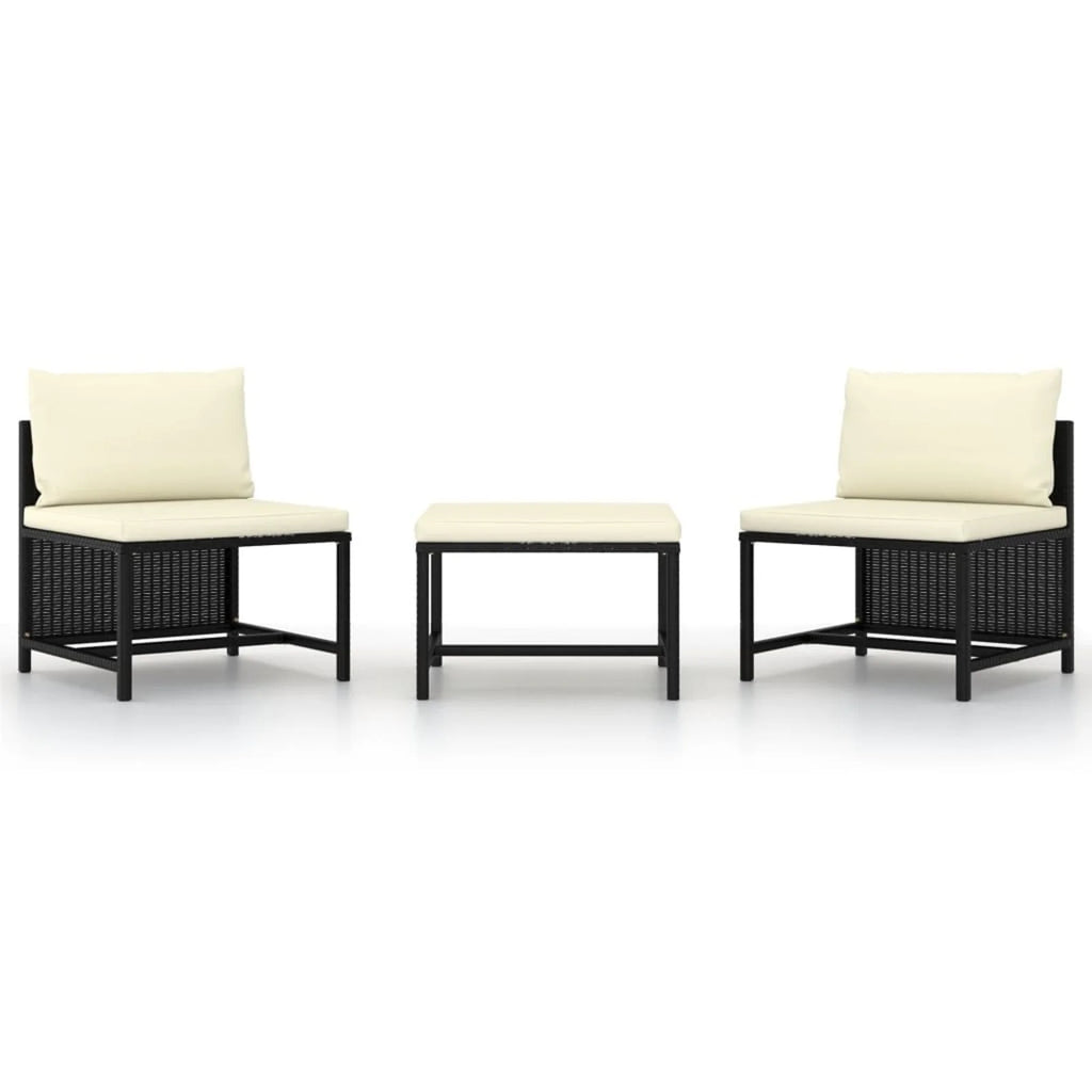 3 Piece Black Poly Rattan Garden Sofa Set with White Cushions and Footrest S83519