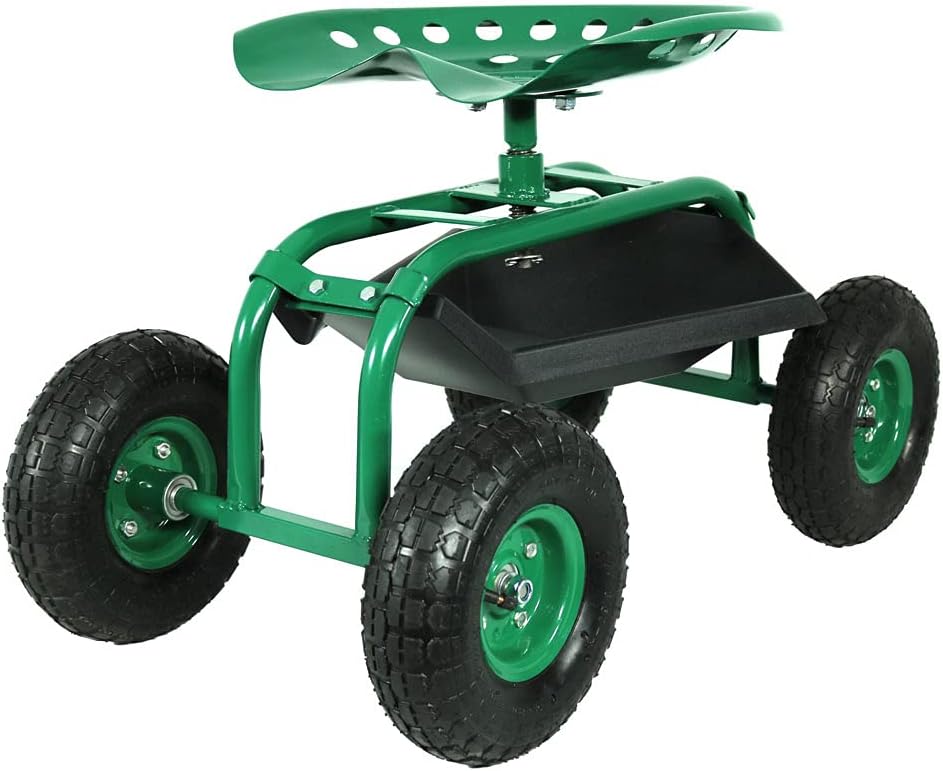 Green Rolling Garden Cart with Swivel Seat & Tray W498