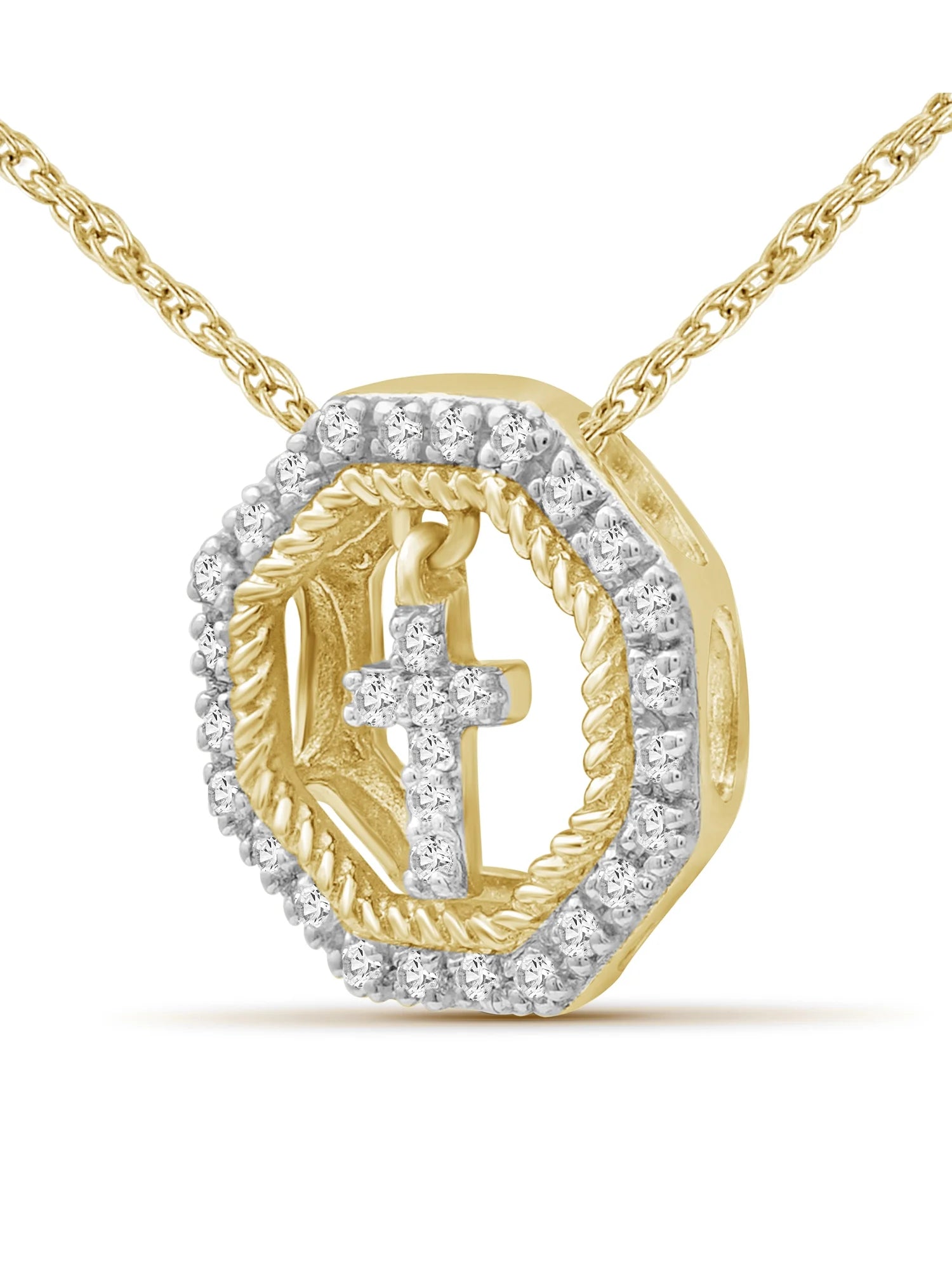 14K Gold Plated Diamond Cross Pendant Necklace with 18” Rope Chain E87575
