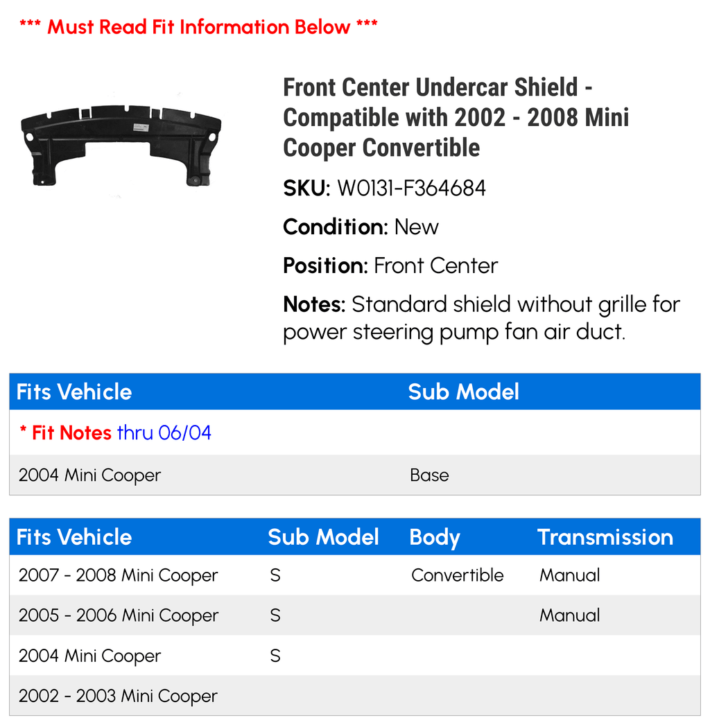 Front Center Undercar Shield for Mini Cooper Convertible Z73477