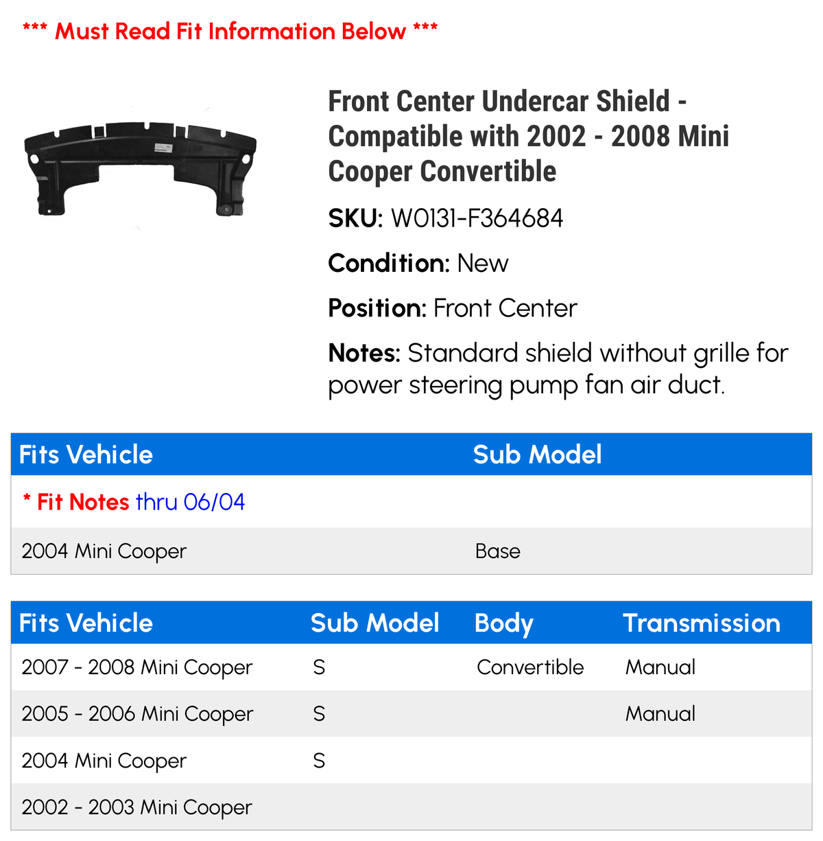 Front Center Undercar Shield for Mini Cooper Convertible Z73477