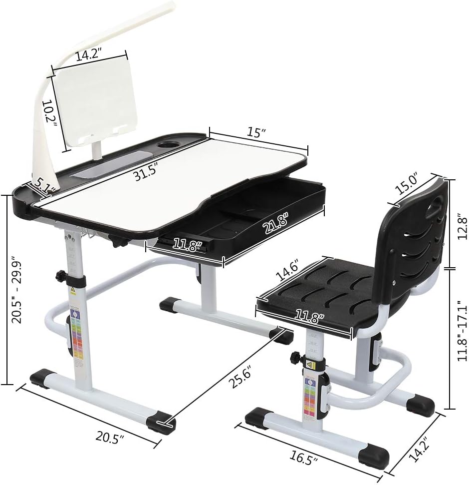 80CM Hand-cranked Lifting Top Can Tilt Children Learning Table and Chair Black with Reading Stand Desk Lamp E33418