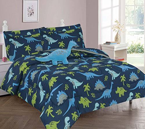 Full Size 8 Pieces Reversible Blue and Lime Green Dinosaur Microfiber Kids Comforter with Sheets V9280