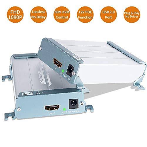 HDMI KVM USB Extender with PoE, 80m 262ft HDMI RJ45 Transmitter and Receiver Adapter by Cat5 Cat6 Ethernet LAN Cable D121686